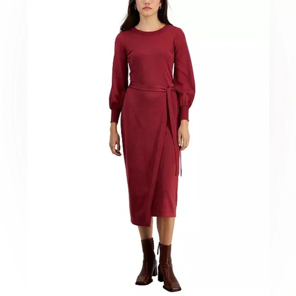 Taylor Faux-Wrap Belted Midi Sweater Dress‎ - Size S - Cognac - NWT - Picture 1 of 13